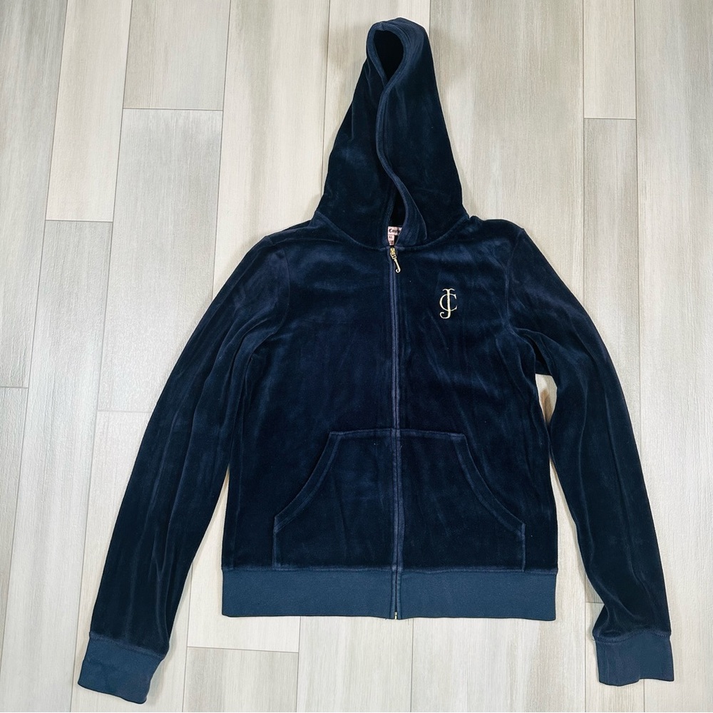 Juicy Couture Women’s Navy Velour Hoodie with Gold Logo Size XL